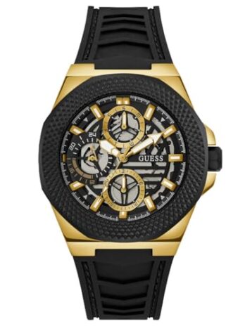 GUESS メンズ 44mm 腕時計 – ブラックストラップ ブラックダイヤル ツートンカラー ケース, ブラック, one