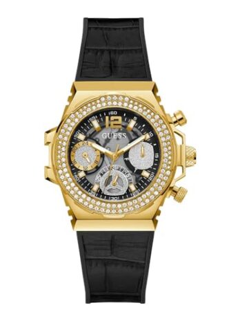 GUESS レディース 36mm 腕時計 – ターコイズストラップ ターコイズダイヤル ゴールドトーンケース, ブラック/ゴールドトーン/ブラック。, モダン