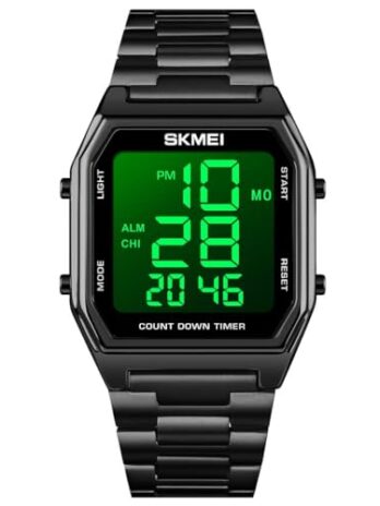 Gosasa クラシック ユニ レディース メンズ デジタル 多機能 スポーツウォッチ ステンレススチールバンド 正方形 防水 電子LEDウォッチ, A1 ブラック, M, デジタル。