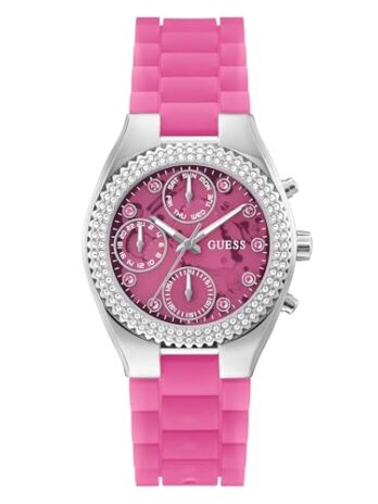 GUESS レディース 37mm 腕時計 – ピンクピンクの文字盤 シルバートーンケース, ピンク, 乳がんW