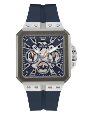 GUESS メンズ 42mm 腕時計 – ネイビーストラップ ネイビーダイヤル シルバートーンケース, ブルー, クラシック