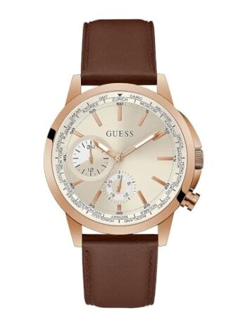GUESS メンズ 44mm 腕時計 – ブラウンストラップ ホワイトダイヤル ローズゴールドトーンケース, ブラウン, one