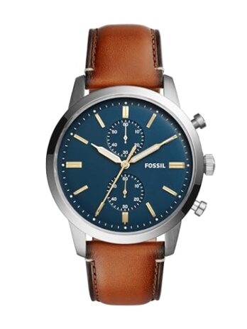 Fossil メンズ 町民クォーツステンレススチールとレザークロノグラフウォッチ、カラー：シルバートーン、ブラウン（モデル：Fs5279） 青
