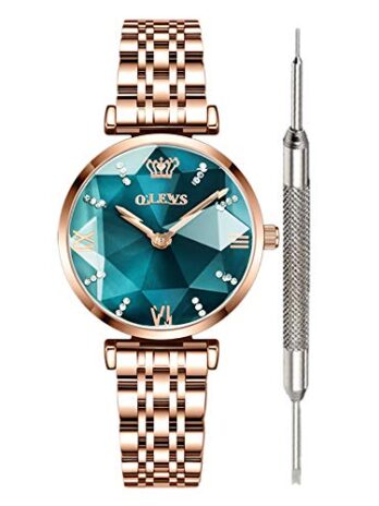 OLEVS プリズムダイヤモンドウォッチ ファッション ラグジュアリーウォッチ レディース ファインクラッシー スチール アナログ クォーツウォッチ, グリーンフェイス, ブレスレット。