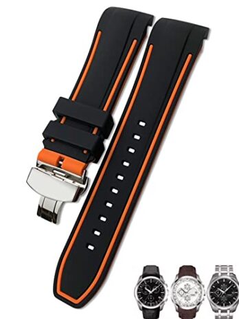 Tissot T035 T035627用 23mm 24mm ゴム製シリコン腕時計ストラップ バタフライバックル 交換用カーブエンドウォッチバンド (ブラックオレンジ、23mm シルバー)