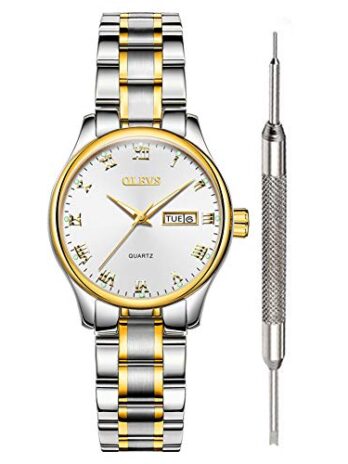 OLEVSメンズレディースクオーツビジネスWatch withステンレススチールBand ,クラシックローマ数字ユニークな防水Watchesカレンダー日付ウィンドウ腕時計 woman Woman-White