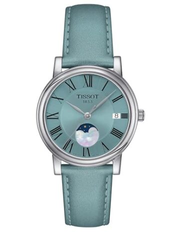 Tissot レディース Carson プレミアム レディース ムーンフェーズ スイスクォーツウォッチ ブルー レザー 16 (T1222231635300), ブルー, クォーツ腕時計。