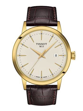 Tissot メンズ クラシック ドリーム 316L ステンレススチールケース イエローゴールド PVD コーティング クォーツウォッチ ブラウン レザー 22 (T1294103626100), ブラウン, クラシック