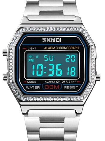 Gosasa クラシック ユニ レディース メンズ デジタル 多機能 スポーツウォッチ ステンレススチール バンド スクエア 防水 電子 LED 腕時計, C1 シルバー, M, デジタル。