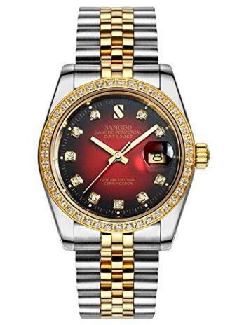 メンズ ゴールドクリスタルアクセント 腕時計 ステンレススチールバンド 自動機械式腕時計 防水 家族や友人へのギフトに シルバー、ゴールド、レッド。