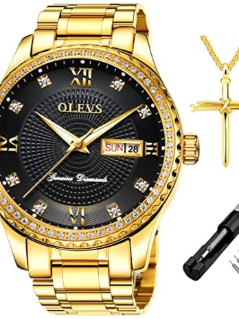 OLEVS (オレブス) メンズ ダイヤモンドウォッチ ビジネス/ドレスウォッチ 防水 発光 メンズ ゴールドカラー 大きな文字盤 ラグジュアリー カジュアル クォーツ アナログ 腕時計 カレンダー機能 (曜日＆日付表示) ステンレススチールバンド, シルバーホワイトのバンドと文字盤。,