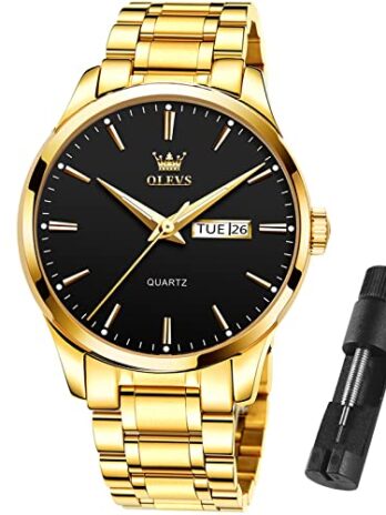 OLEVS メンズ腕時計 曜日と日付 メンズ 防水 アナログ クォーツウォッチ ステンレススチール メンズ クラシック ドレスウォッチ ローマ腕時計 Round Men Watch-Gold Steel Band with Black Face