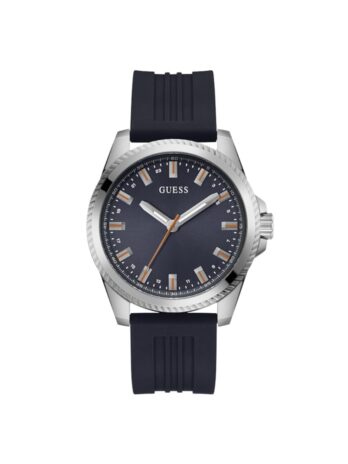 GUESS メンズ 44mm 腕時計 – ブラックストラップ ブラックダイヤル ブラックケース, ネイビー/シルバートーン/ネイビー, クラシック