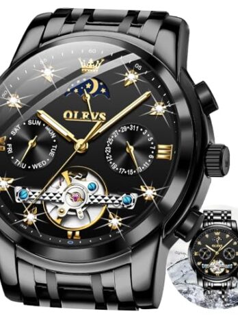 OLEVS メンズ ゴールデン自動機械式腕時計 ステンレススチールベゼル 夜光防水高級時計, G6678:ブラックストラップ&ブラックダイヤル, ブレスレット