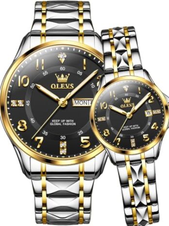 OLEVS カップルクォーツウォッチ バレンタインデー 夜光 カレンダー 日付 ビジネス フォーマル ラグジュアリー メンズ レディース 腕時計 防水 カジュアル ステンレススチール カップル 結婚式 ロマンチック 腕時計 2個, ゴールドブラック