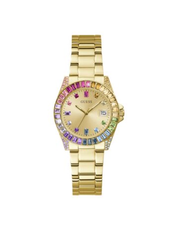 GUESS レディース 34mm 腕時計 – ゴールドトーンブレスレット シャンパンダイヤル ゴールドトーンケース, ゴールド, one, モダン