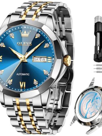 OLEVS 自動腕時計 メンズ ビジネス ドレスウォッチ 機械式 ステンレススチール 防水 自動巻き クラシック デート ラグジュアリー ダイヤモンド メンズ 腕時計, 男性用ブルー腕時計。, メンズ腕時計。