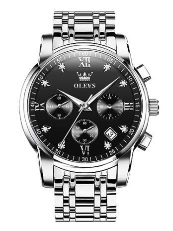 OLEVS メンズステンレススチールクロノグラフウォッチ、ビッグフェイスゴールドシルバーブラックトーン読みやすいアナログクォーツウォッチ、ラグジュアリー防水日付ダイヤモンドローマアラビア数字ダイヤルドレスウォッチ 男性用, ブラックフェイス/シルバーストラップ。, round, クラシック腕時計。