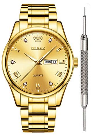 OLEVS クラシック腕時計 メンズ アナログクォーツウォッチ レザー/ステンレススチール 頑丈な防水腕時計 ローマ数字 ユニークなカレンダー 日付 ビジネス腕時計 Gold ゴールド