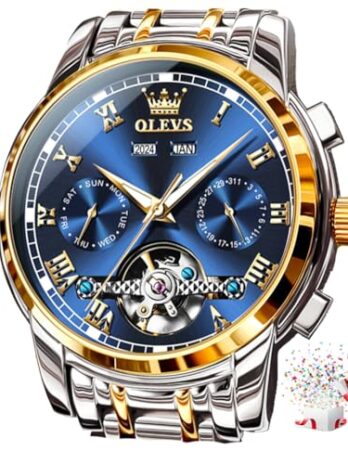 OLEVS 自動巻き腕時計 メンズ 自動機械式ドレス トゥールビヨン ステンレススチール デュアルカレンダー 防水 夜光腕時計, ブルー, 機械式