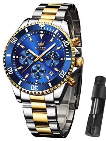 OLEVS メンズウォッチ ビッグダイヤルウォッチ メンズステンレススチールウォッチ デイ防水 アナログ クォーツウォッチ 男性用 クラシック ビジネス 腕時計 ラグジュアリー 夜光ラウンド 男性用 回転可能なベゼルウォッチ, ゴールドシルバーステンレススチール/ブルーダイヤル-2870, Round, ビジネス。