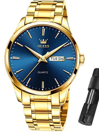 OLEVS メンズ腕時計 曜日と日付 メンズ 防水 アナログ クォーツウォッチ ステンレススチール メンズ クラシック ドレスウォッチ ローマ腕時計 Round Men Watch-Gold Steel Band with Blue Face