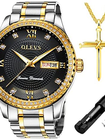 OLEVS (オレブス) メンズ ダイヤモンドウォッチ ビジネス/ドレスウォッチ 防水 発光 メンズ ゴールドカラー 大きな文字盤 ラグジュアリー カジュアル クォーツ アナログ 腕時計 カレンダー機能 (曜日＆日付表示) ステンレススチールバンド, シルバーホワイトバンドブラックフェイス。,