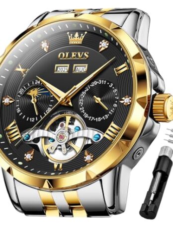 OLEVS メンズ 自動腕時計 スケルトン 機械式 クラシック ラグジュアリー ビジネス ダイヤモンド ステンレススチール 防水 発光 日付 カレンダー 腕時計 男性用, ブラック///ホワイト, メンズ腕時計。