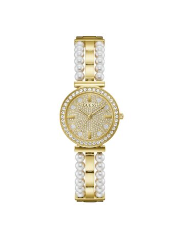 Guess US レディース ゴールドトーン ダイヤモンドとパール アナログ腕時計, ゴールドトーン, アナログ腕時計。