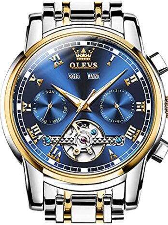 OLEVS 自動機械式メンズ腕時計 曜日/日付/月/年 自動巻き ファッション ステンレススチールウォッチ グリーン&ブルー&ブラックの文字盤 Round Silver Gold Band Blue Face