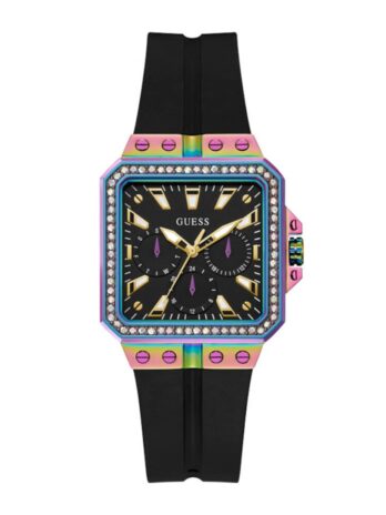 GUESS レディース 34mm 腕時計 – ブラックストラップ ブラックダイヤル 虹色ケース, ブラック, クラシック