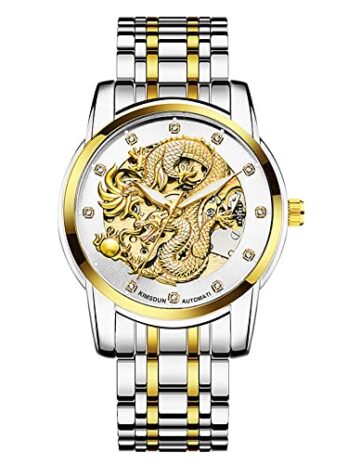 Weicam メンズ ラグジュアリー メカニカル スケルトン 自動巻き ステンレススチール ルミアスウォッチ ドラゴン彫刻 ダイヤル ダイヤモンド ビジネスウォッチ 防水 腕時計, シルバー, 機械的