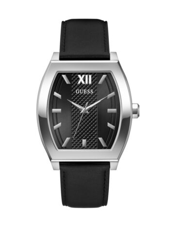 GUESS シルバートーンとブラックレザーアナログ腕時計。, ブラック///ホワイト, one, モダン