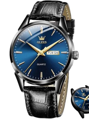 OLEVS メンズシンプルウォッチ 曜日と日付付き、ステンレススチールアナログクォーツウォッチ クラシック夜光針メンズドレスウォッチ、ブラック/ホワイト/ブルーの文字盤, A4 – ブルー/ブラック。, round, ストラップ