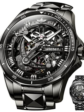 スイスブランド 自動巻き メンズウォッチ ラグジュアリー スケルトン 腕時計 機械式 自動巻き サファイアクリスタル タングステン スチール 腕時計 50m 防水 蓄光 電池なし 腕時計, AA-オールブラック腕時計。, ブレスレット