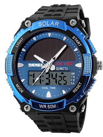 Gosasa ソーラーパワースポーツウォッチ メンズ 50M 防水 アウトドア 多機能 ミリタリーウォッチ (ブラック), ブルー, スポーツとレジャー。
