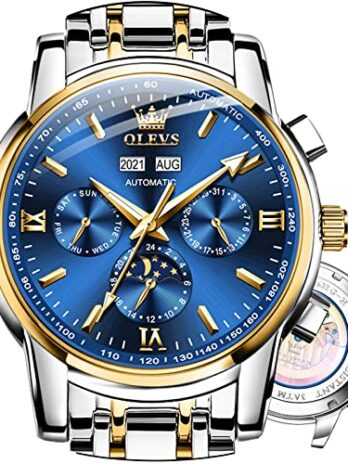 OLEVS 自動機械式腕時計 メンズ バッテリーなし メンズ 日付 自動巻き 防水 ステンレススチール スイスブランド ラグジュアリー メンズ 腕時計 ツートーン 夜光 月と月のフェーズ Round ゴールドブルーの自動巻き腕時計。