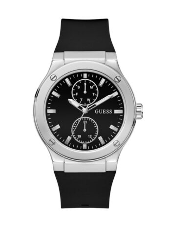 GUESS メンズ 45mm 腕時計 – ブラックストラップ ブラックダイヤル シルバーケース, ブラック, クラシック