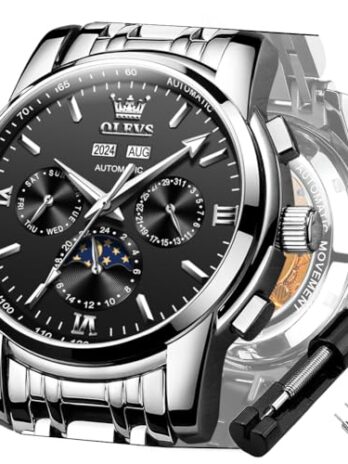 OLEVS 自動巻きメンズ腕時計 機械式 自動巻き ラグジュアリー ドレス ムーンフェイズ ダイヤル ステンレススチール 防水 夜光腕時計, ホワイトストラップ&ブラックフェイス, ファッション。