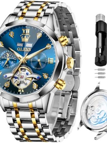 OLEVS メンズダイヤモンドウォッチ ビジネスドレスウォッチ 防水 発光 メンズ ゴールデンビッグダイヤル ラグジュアリー カジュアル クォーツ アナログウォッチ 日付カレンダーとステンレススチールバンド付き, ブルーウォッチ 21, メンズ腕時計。