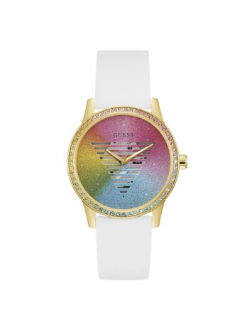 GUESS レディース 40mm 腕時計 – ホワイトストラップ レインボーダイヤル ゴールドトーンケース, ホワイト, one, GW0589L1。