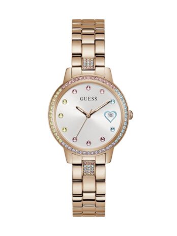 GUESS レディース 34mm 腕時計 – ローズゴールドトーンブレスレット ホワイトダイヤル ローズゴールドトーンケース, ピンク, クラシック