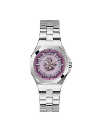 GUESS レディース 34mm 腕時計 – ローズゴールドトーンストラップ ヌードダイヤル ローズゴールドトーンケース, シルバートーン/シルバートーン/ピンク, モダン