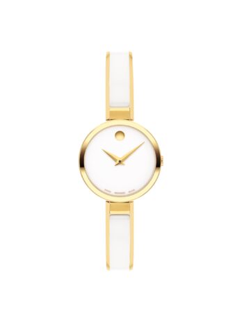 Movado Moda レディース腕時計 – スイスクォーツ 2Hムーブメント、メッキステンレススチール、調節可能なバングル – 3気圧防水 – 女性用高級ファッション時計 – 24mm, ホワイト, クォーツムーブメント。