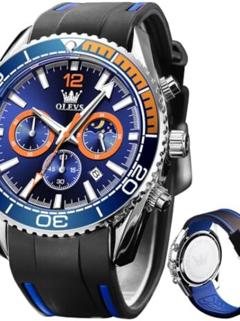 OLEVS 男性用スタイリッシュな腕時計、シリコンストラップメンズウォッチ、プロダイバーステンレススチールクロノグラフウォッチ、防水日付ドレスウォッチ、男性用大型フェイス腕時計。, 男性用ブルー腕時計。, メンズ腕時計。