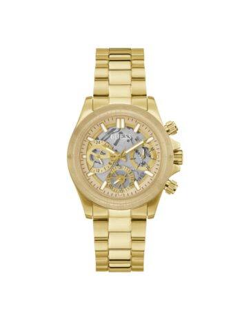GUESS レディース 39mm 腕時計 – ゴールドトーンストラップ クリアダイヤル ツートーンケース, ゴールドトーン, モダン