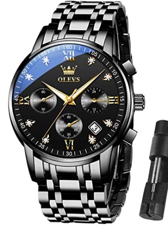 OLEVS メンズ多機能腕時計 マルチダイヤル 防水 夜光クロノグラフ メンズウォッチ 日付ギフト メンズ用ステンレススチールウォッチ クラシックメンズ腕時計, オールブラッククロノグラフメンズ腕時計。, Round, ビジネス。