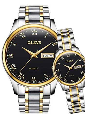OLEVS バレンタイン カップル ペア クォーツ腕時計 夜光処理 カレンダー 日付窓 3ATM 防水 カジュアル ステンレススチール 男性・女性向け腕時計 恋人 ウェディング ロマンティックな贈り物 2個セット Black dial