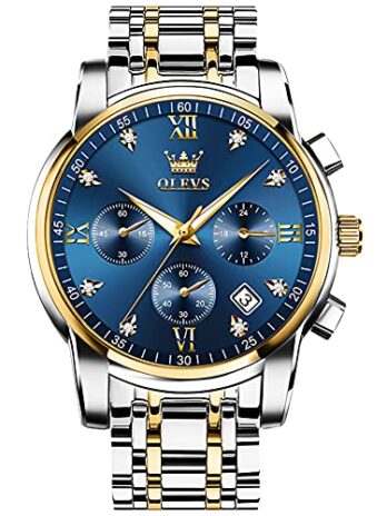 OLEVS メンズステンレススチールクロノグラフウォッチ、ビッグフェイスゴールドシルバーブラックトーン読みやすいアナログクォーツウォッチ、ラグジュアリー防水日付ダイヤモンドローマアラビア数字ダイヤルドレスウォッチ 男性用, ブルーフェイス/ツートーンストラップ。, round, ブレスレット