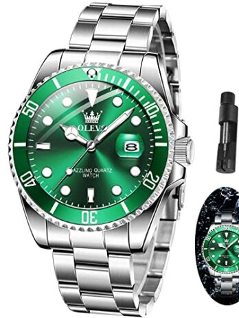 OLEVS メンズウォッチ ビッグダイヤルウォッチ メンズステンレススチールウォッチ デイ防水 アナログ クォーツウォッチ 男性用 クラシック ビジネス 腕時計 ラグジュアリー 夜光ラウンド 男性用 回転可能なベゼルウォッチ, シルバーステンレススチール/グリーンダイヤル-5885, Round, ビジネス。
